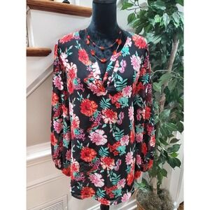 Derek Heart Women's Black Floral Polyester V-Neck Long Sleeve Pullover Blouse 2X